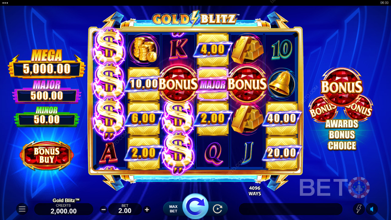 Os prémios em dinheiro podem ser ganhos no jogo base da slot machine Gold Blitz