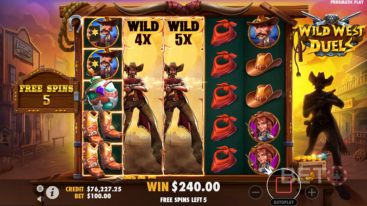Wilds em expansão com Multiplicadores aparecem em Duel Free Spins na slot machine Wild West