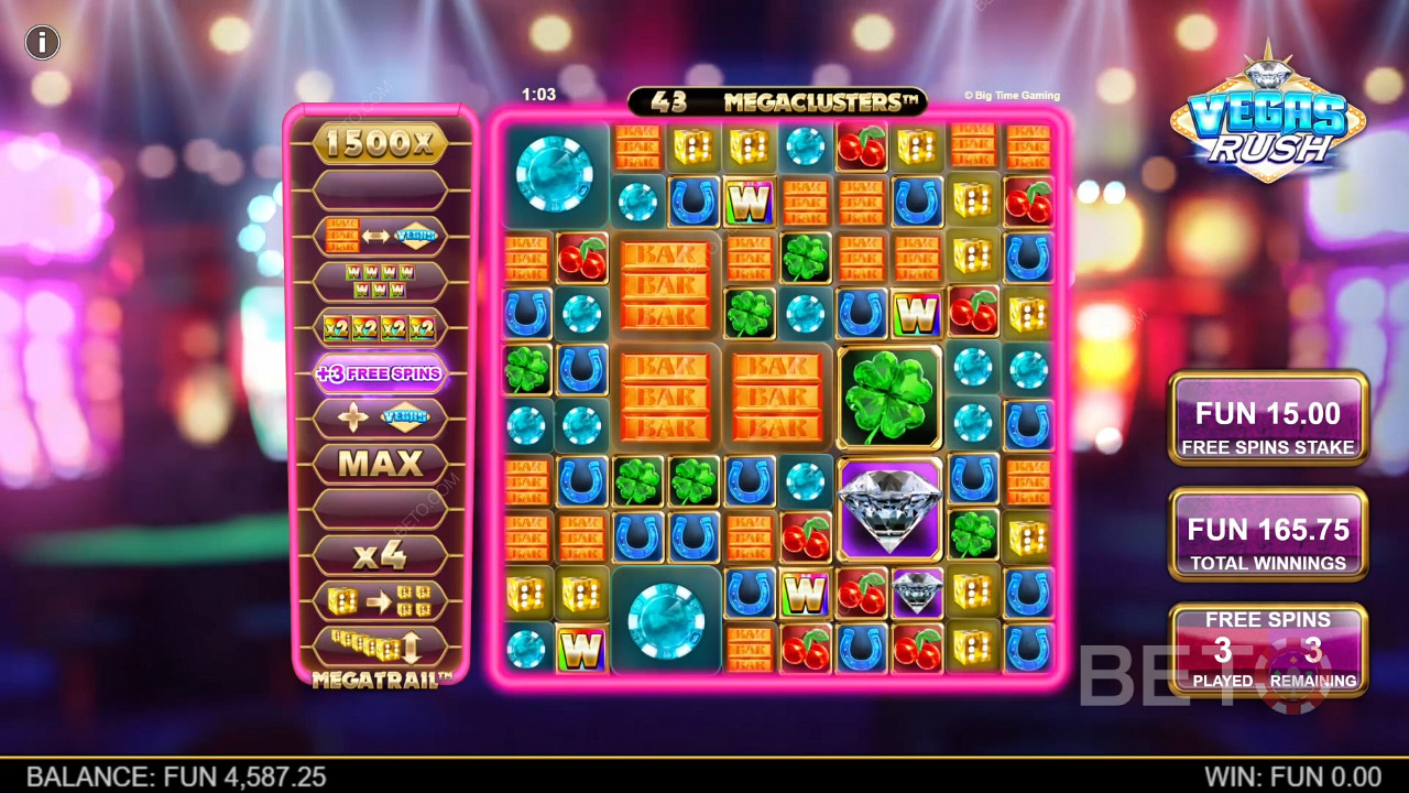 As rodadas grátis oferecem um Megatrail melhorado na slot machine Vegas Rush