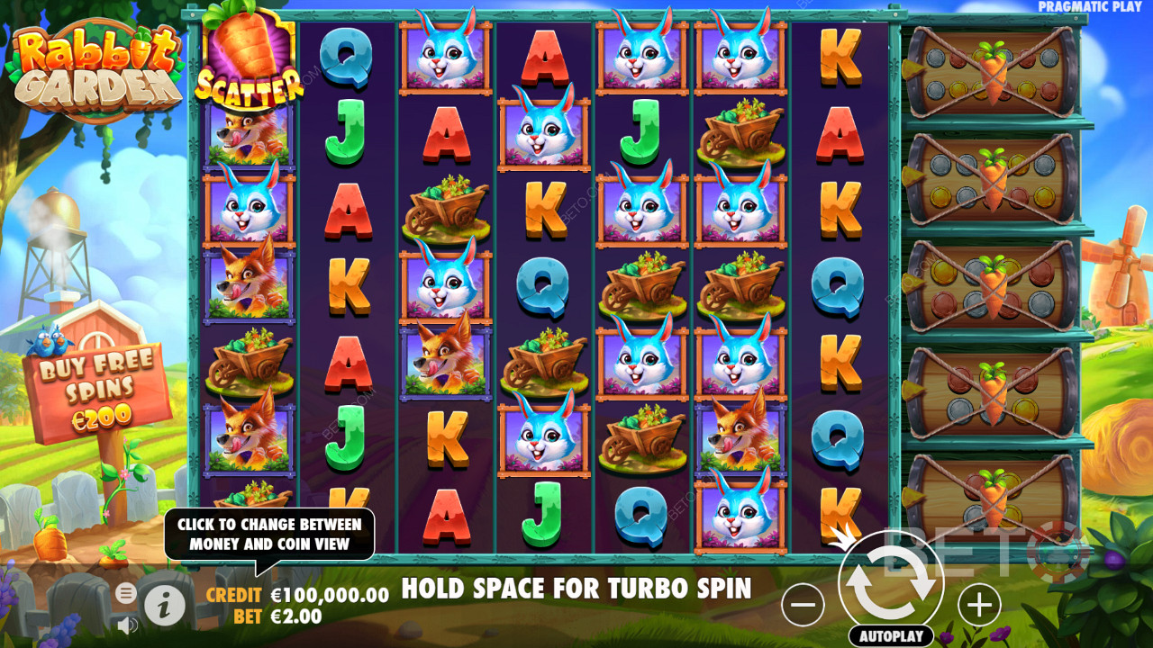 Desfrute de um layout maciço e da mecânica de pagamentos agrupados na slot machine Rabbit Garden