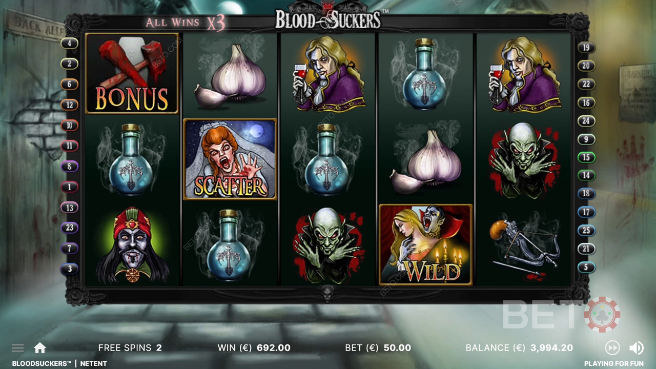Todos os ganhos são triplicados nas Free Spins do jogo de slot Blood Suckers