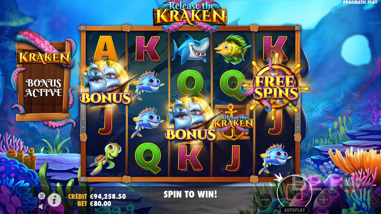 2 Scatters e 1 símbolo de Free Spins activarão as Free Spins na slot Release the Kraken