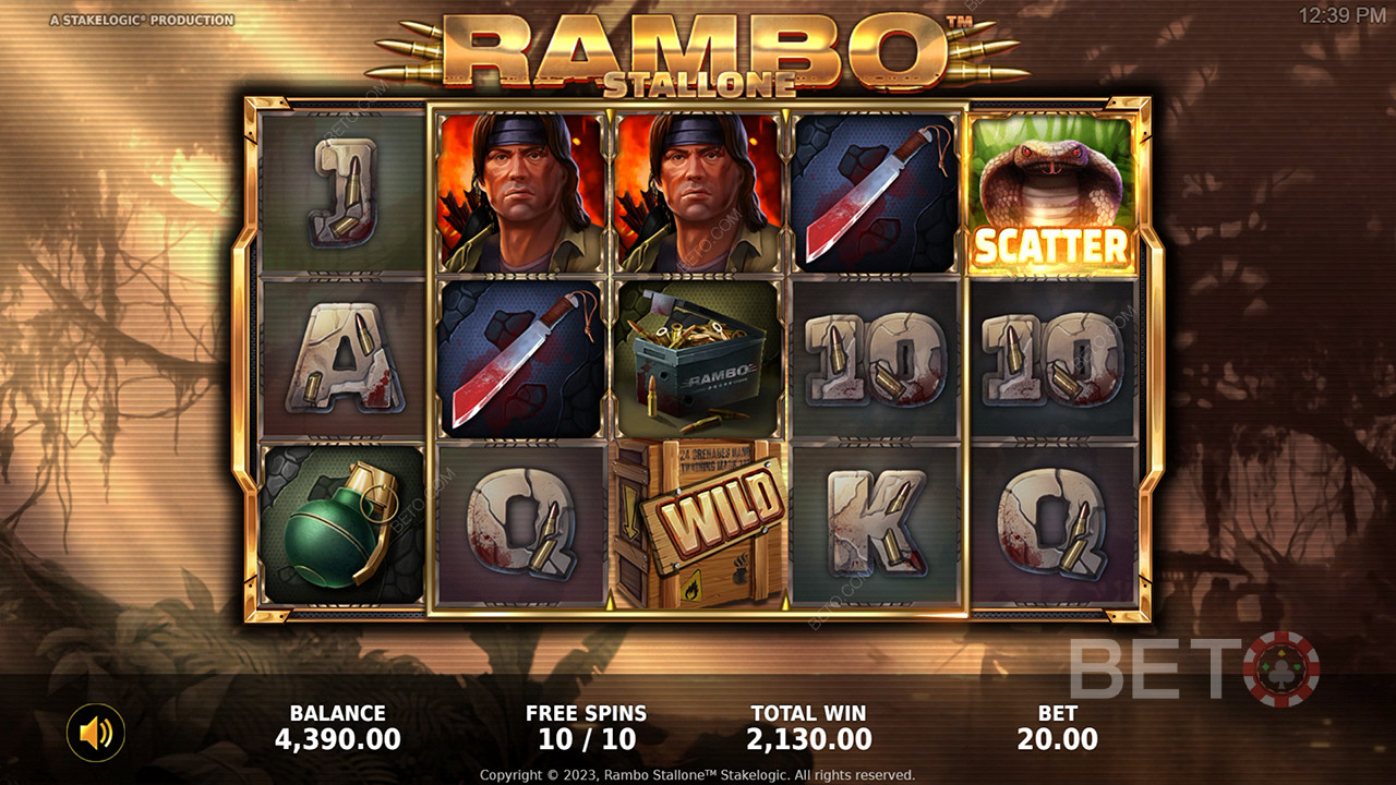 Desfrute de fantásticas funcionalidades de bónus e de um tema excecional na slot online Rambo