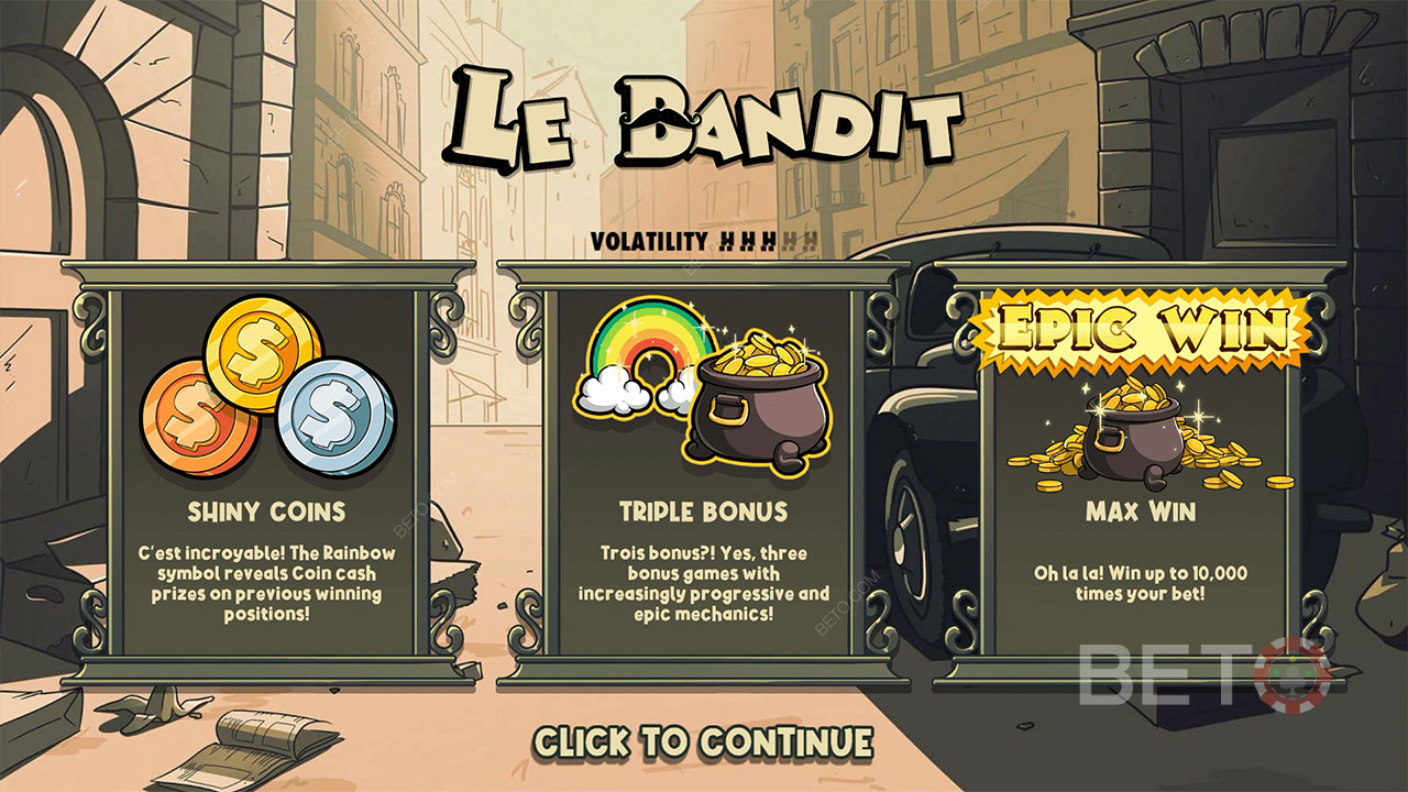 Três bónus e prémios em dinheiro ajudá-lo-ão a ganhar 10.000 vezes a sua aposta na slot Le Bandit