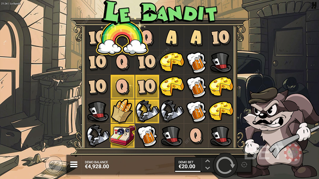 O símbolo do arco-íris ativa todos os quadrados dourados da slot machine Le Bandit