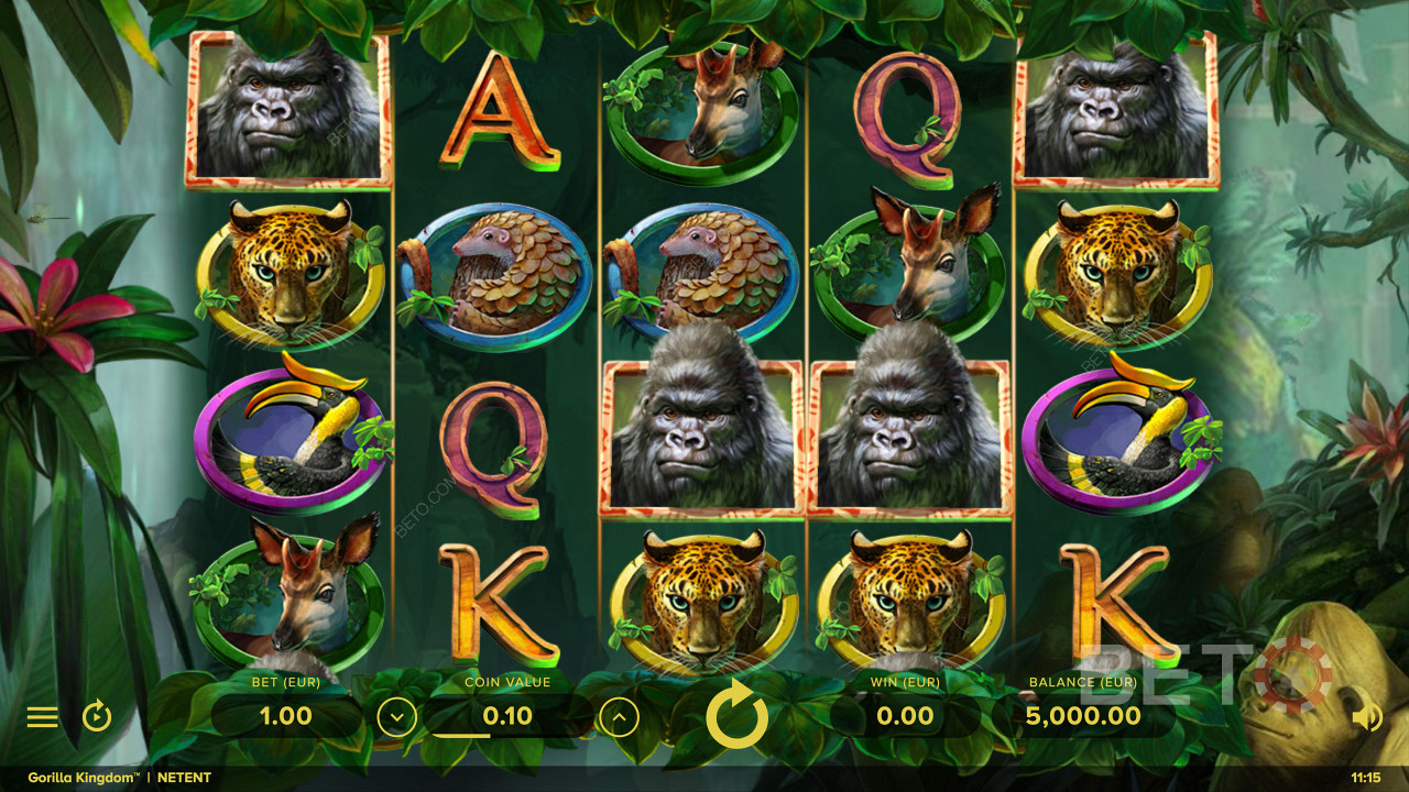 Obter símbolos de gorila bem pagos em Gorilla Kingdom