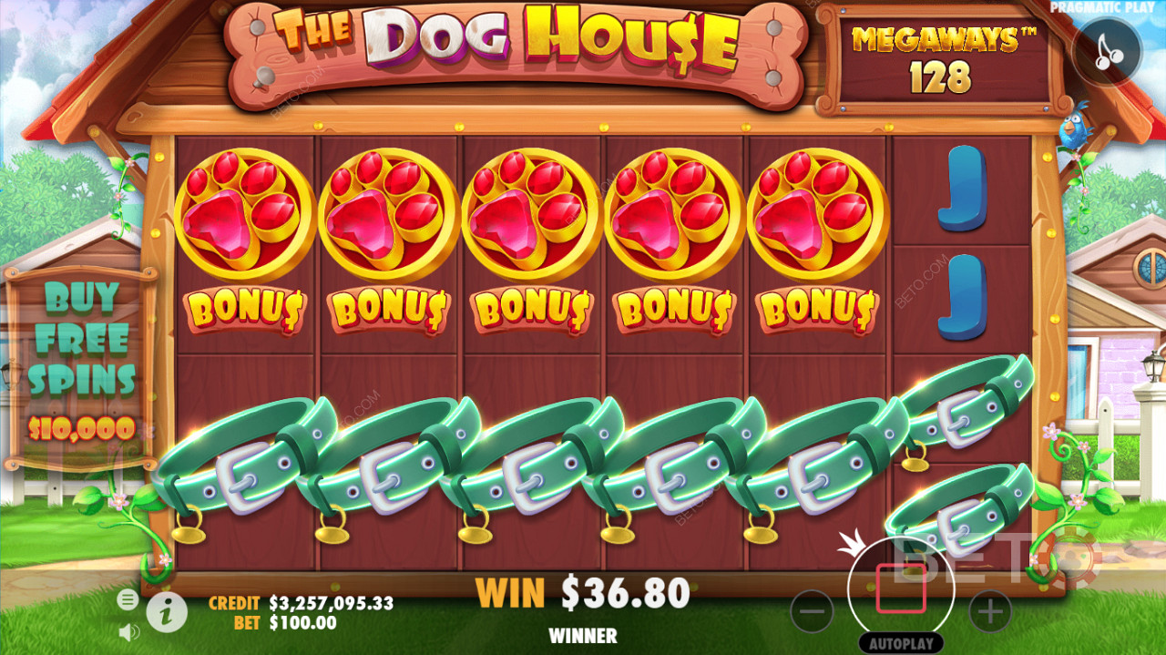 Uma interface de jogo detalhada das slots dos casinos The Dog House Megaways