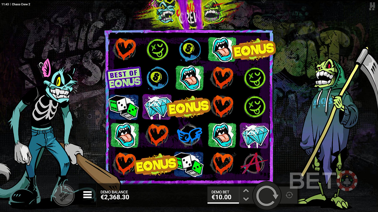 Ative o Jogo de Bónus depois de obter 3 símbolos de bónus na slot online Chaos Crew 2