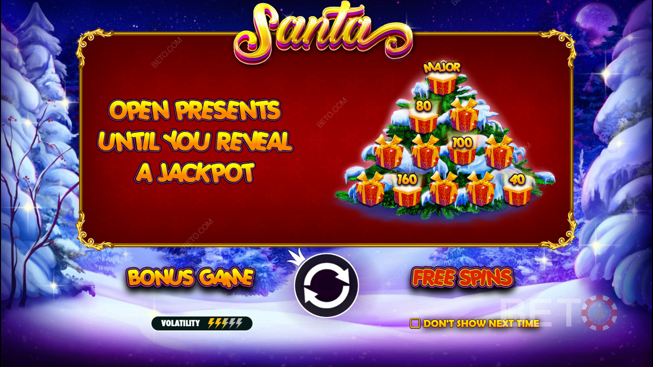 O jogo de bónus oferece prémios em dinheiro e jackpots na slot online Santa