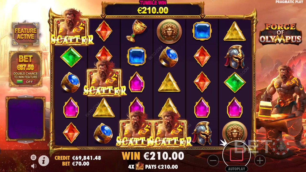 4 ou mais Scatters activam as Free Spins na slot online Forge of Olympus