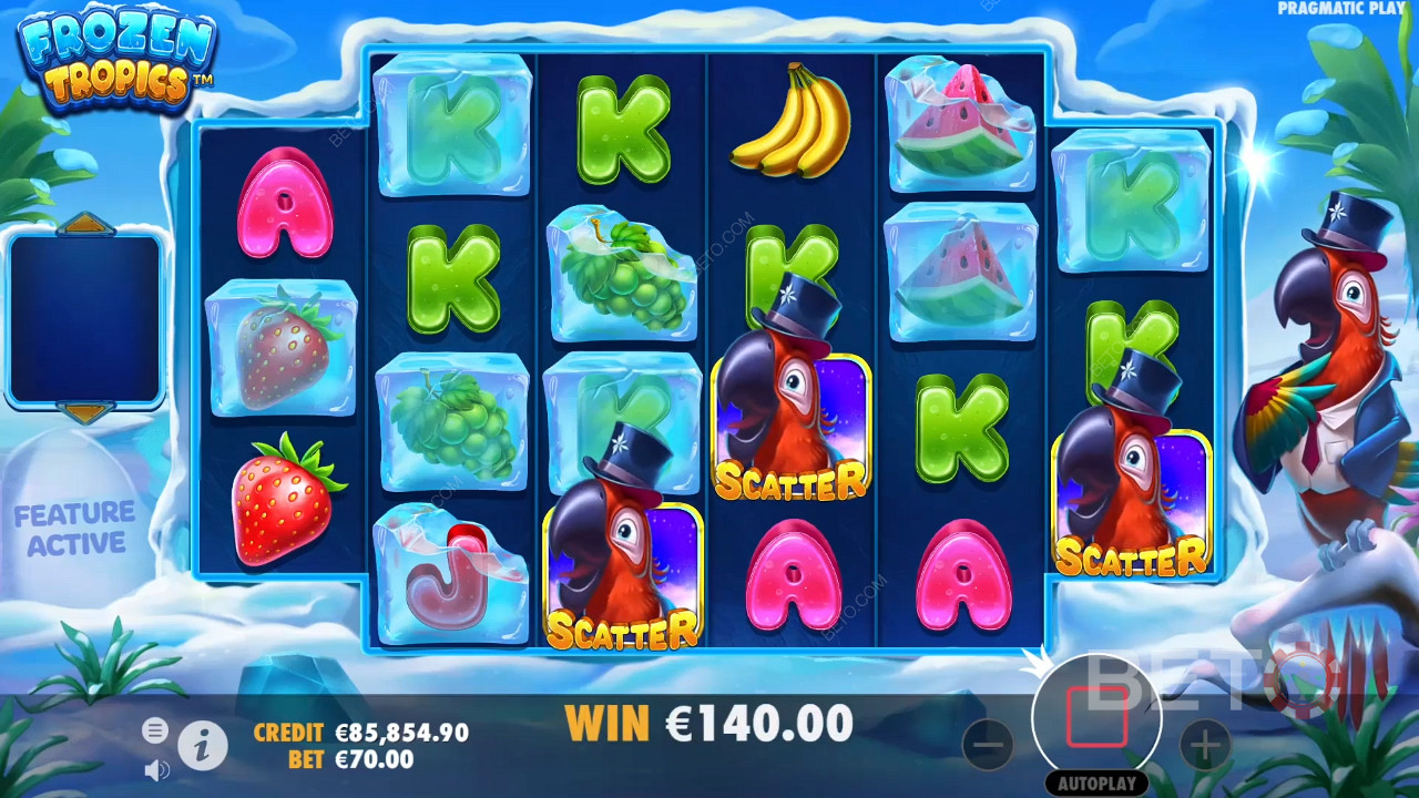 3 símbolos Scatter são suficientes para ativar as Free Spins na slot online Frozen Tropics