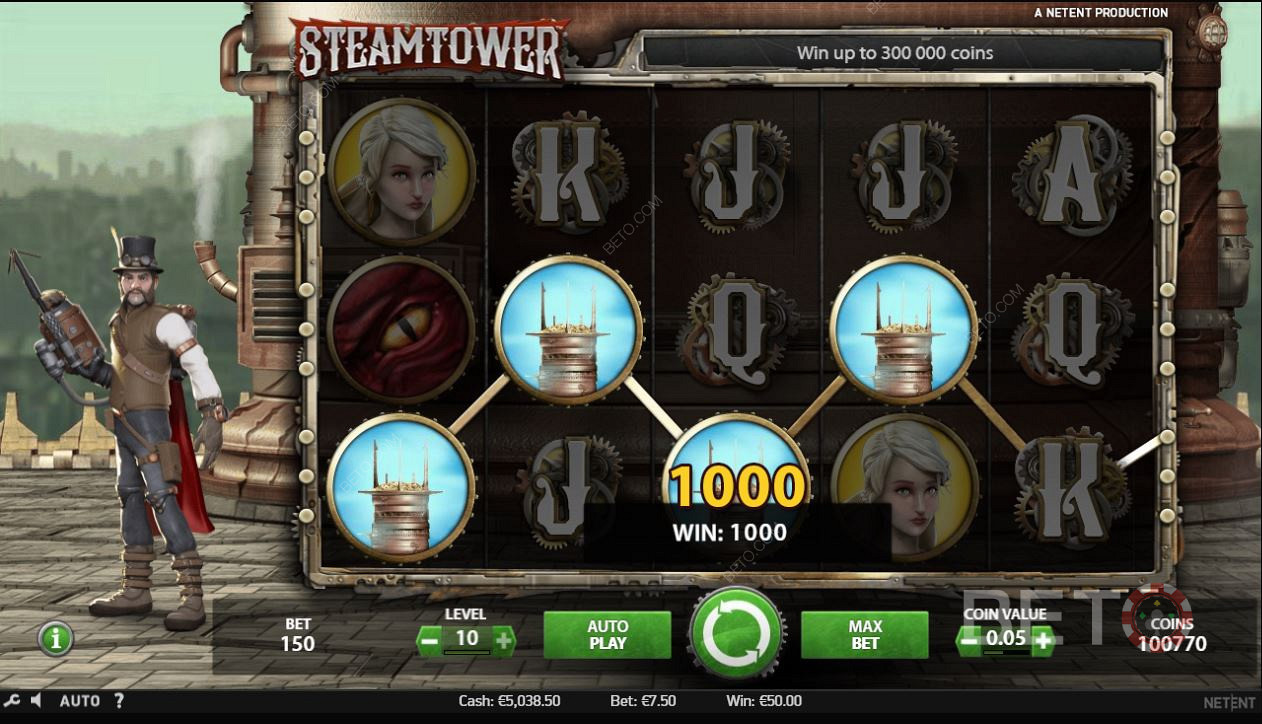 Símbolos correspondentes no jogo de slot Steam Tower