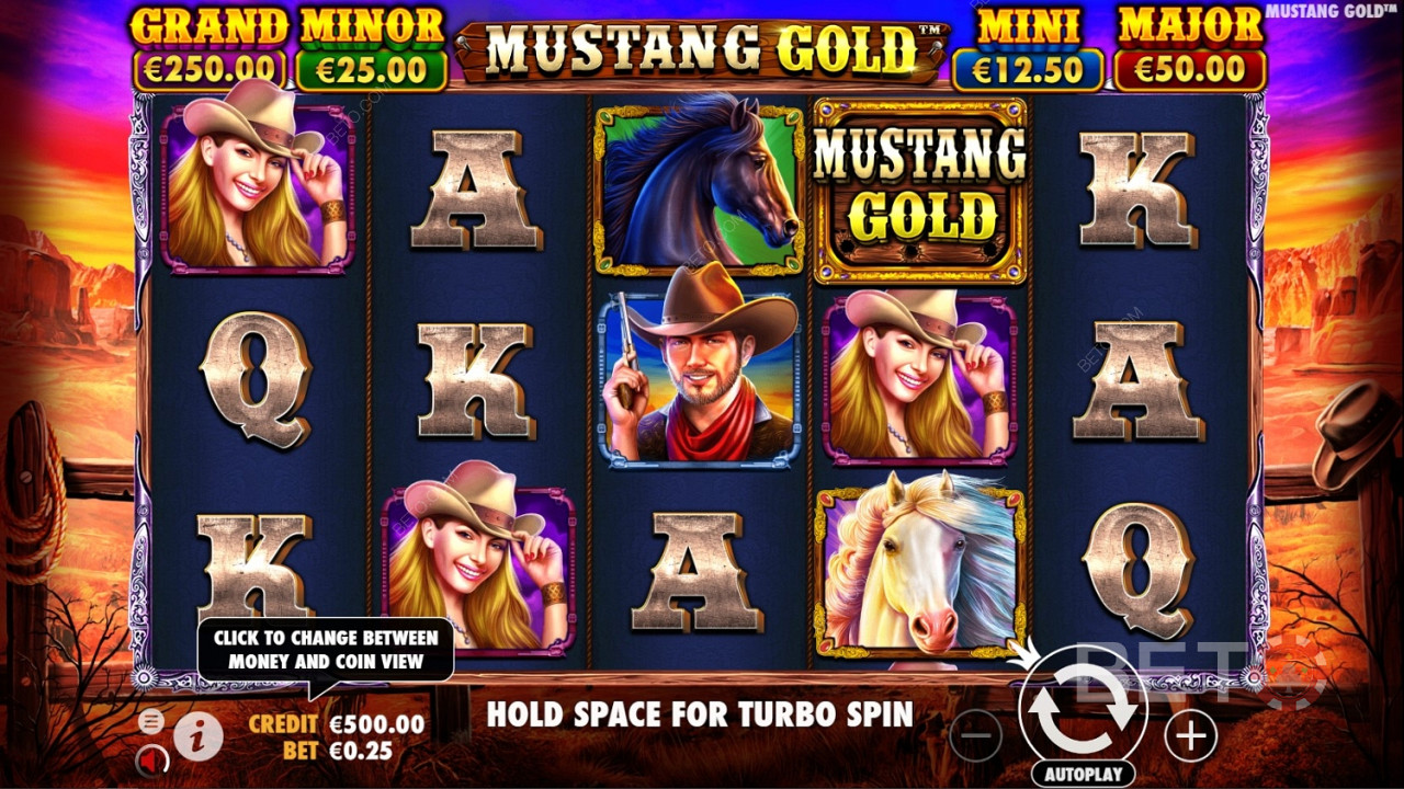 O símbolo Wild é o logótipo do jogo na Slot Online Mustang Gold