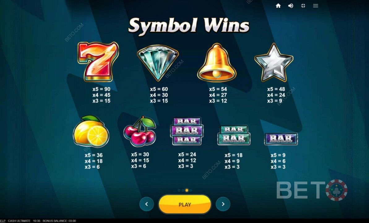 Diferentes combinações de símbolos em Cash Ultimate