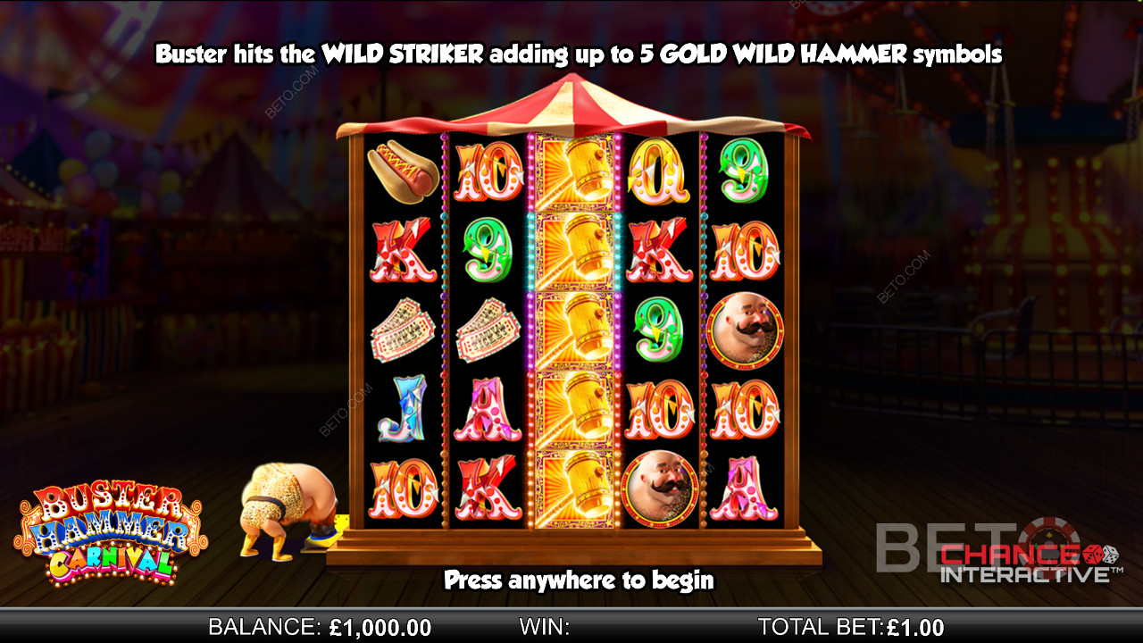 Desfrute da funcionalidade Wild Striker no Buster Hammer Carnival online slot