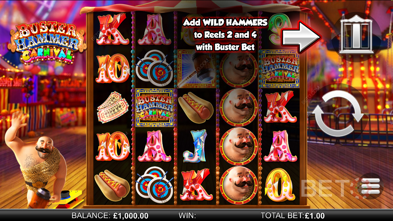 Buster Hammer Carnival - experimente as Poderosas Giros Livres e a funcionalidade Gold Wild Hammer - um slot da Reel Play