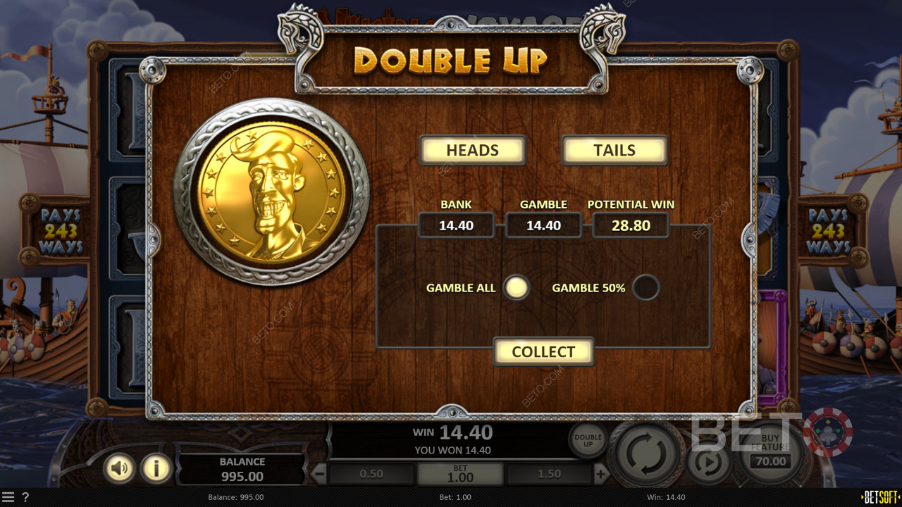 Experimente a funcionalidade Double Up para duplicar os seus ganhos na slot machine Viking Voyage