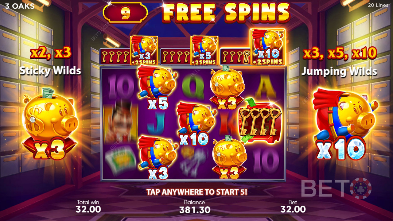 Funcionalidades de bónus explicadas em Super Sticky Piggy da 3 Oaks Gaming