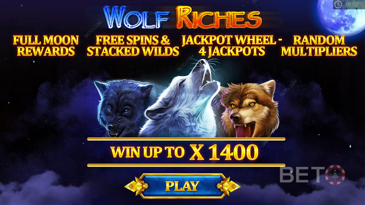 Giros livres, multiplicadores, jackpots, e ranhura Stacked Wilds in Wolf Riches