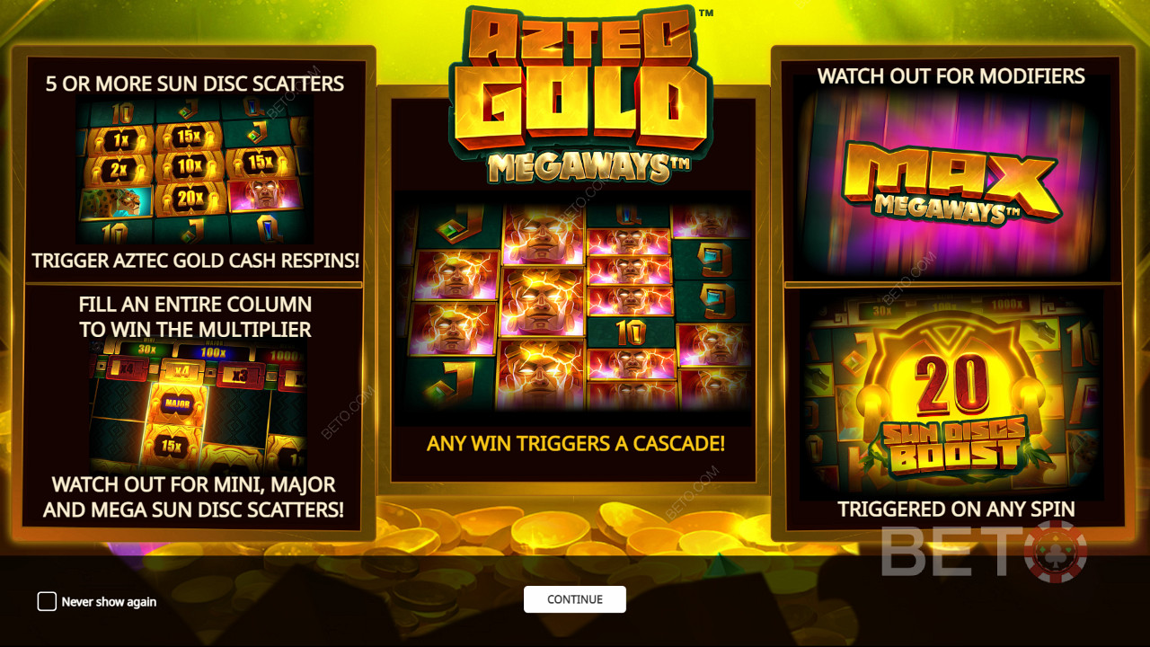 Desfrute de várias características poderosas de bónus na slot machine Aztec Gold Megaways