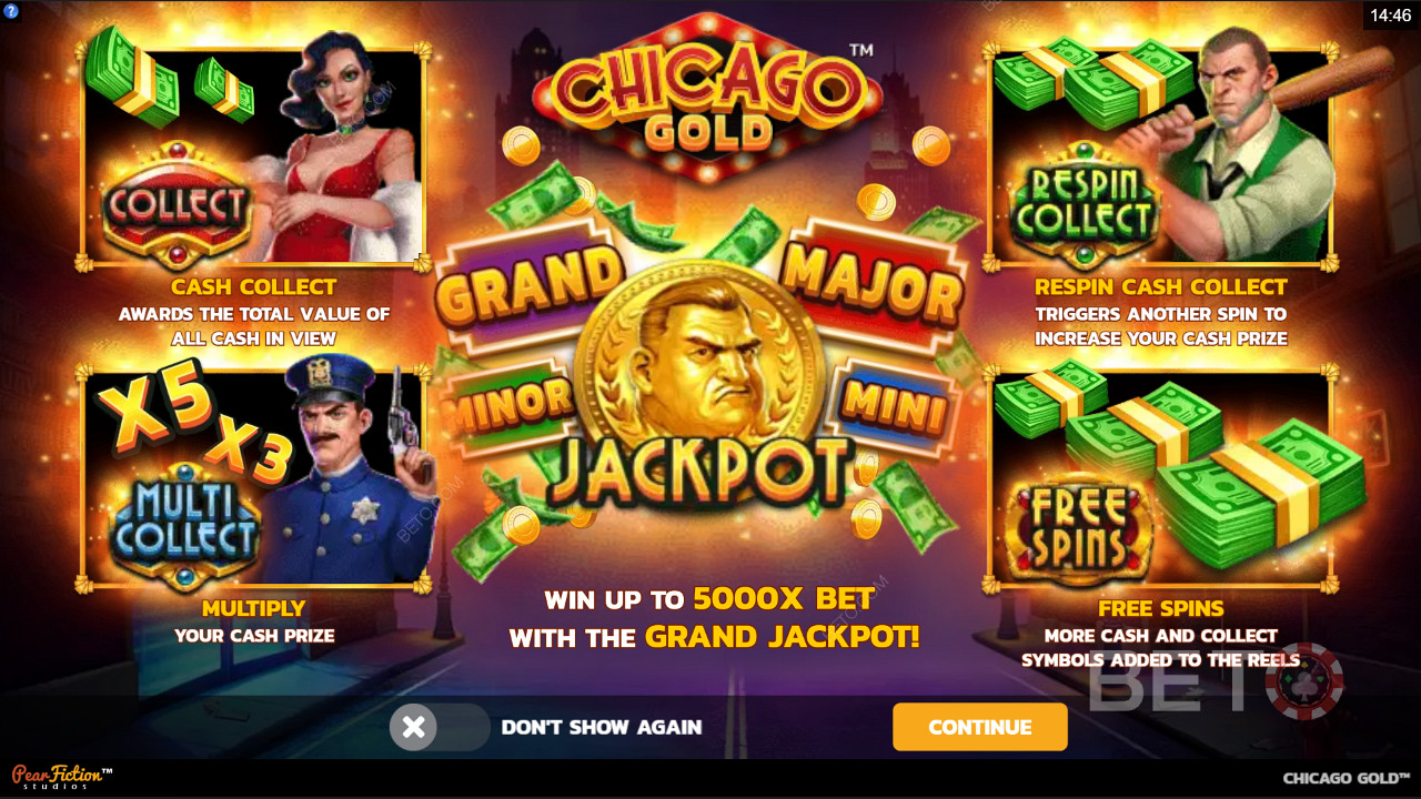 Desfrute das funcionalidades Collect, Jackpots, e Free Spins na slot machine Chicago Gold