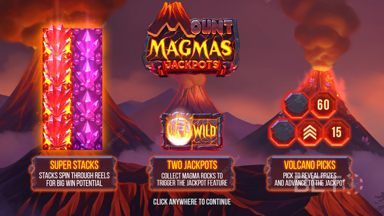 Desfrute de Super Stacks, 2 jackpots, e a funcionalidade Bónus Vulcano no slot Mount Magmas
