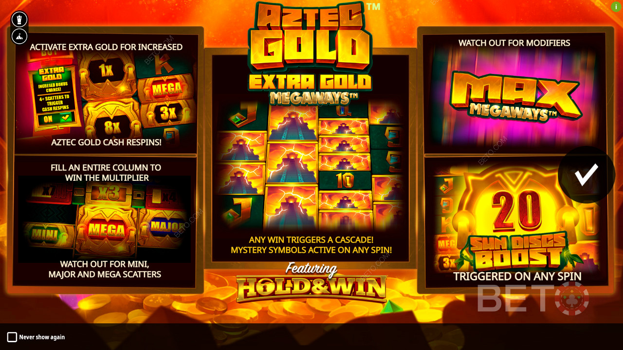 Desfrute de múltiplas características de bónus na slot Aztec Gold Extra Gold Megaways