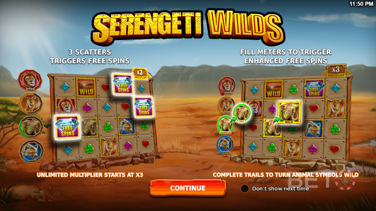Desfrute de características poderosas como Free Spins e Free Spins melhoradas no Serengeti Wilds slot