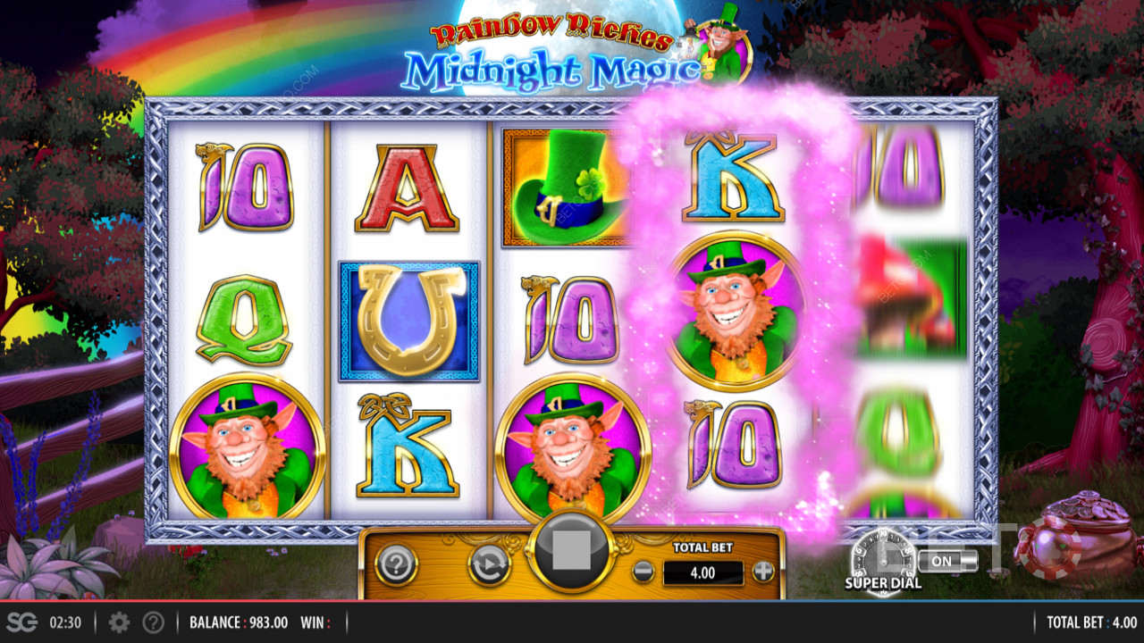 Rainbow Riches Midnight Magic da Barcrest, cujas características incluem um Super Bónus de Discagem