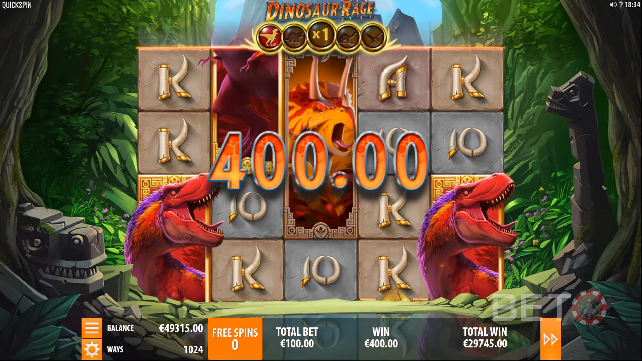 Aterrar uma vitória no valor de 400 moedas em Slot Machine de Dinossauro Rage
