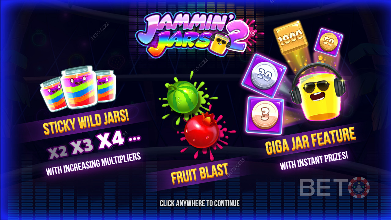 Desfrute de Wilds pegajosas, funcionalidade de Fruit Blast, e Giga Jarros Giros em Jammin Jars 2 slot