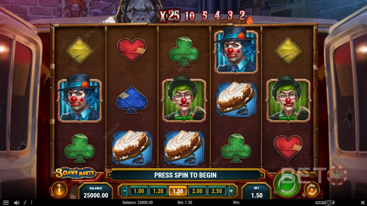 Desfrute de uma jogabilidade simples cheia de características de bónus emocionantes em 3 Clown Monty slot