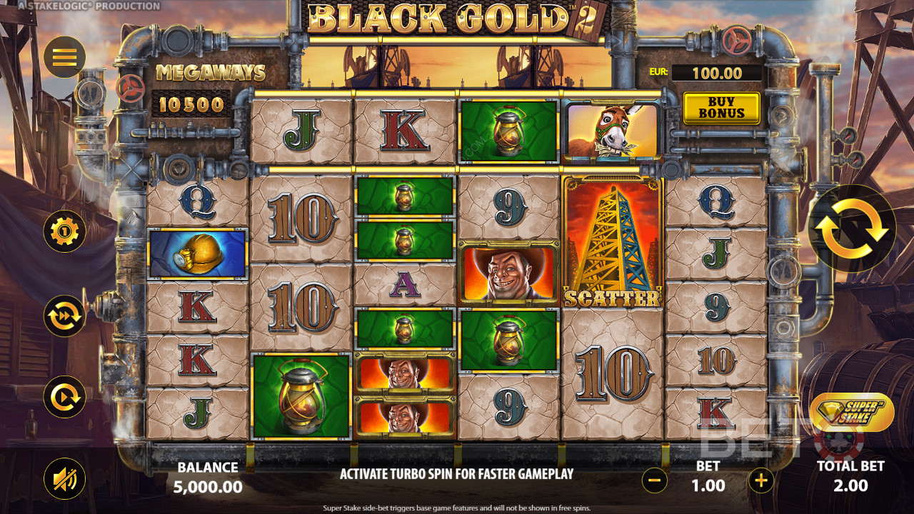 Aterre 3 ou mais símbolos idênticos para ganhar na slot online Black Gold 2 Megaways