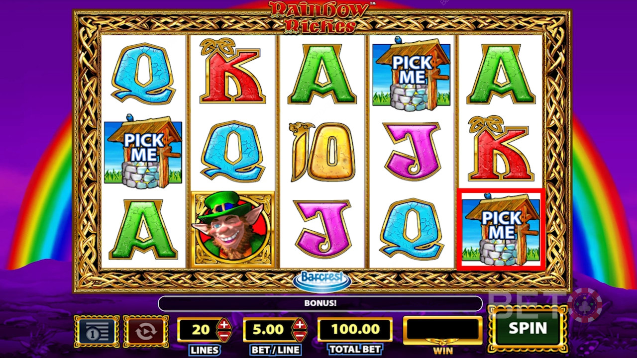 Os símbolos da slot machine Rainbow Riches.