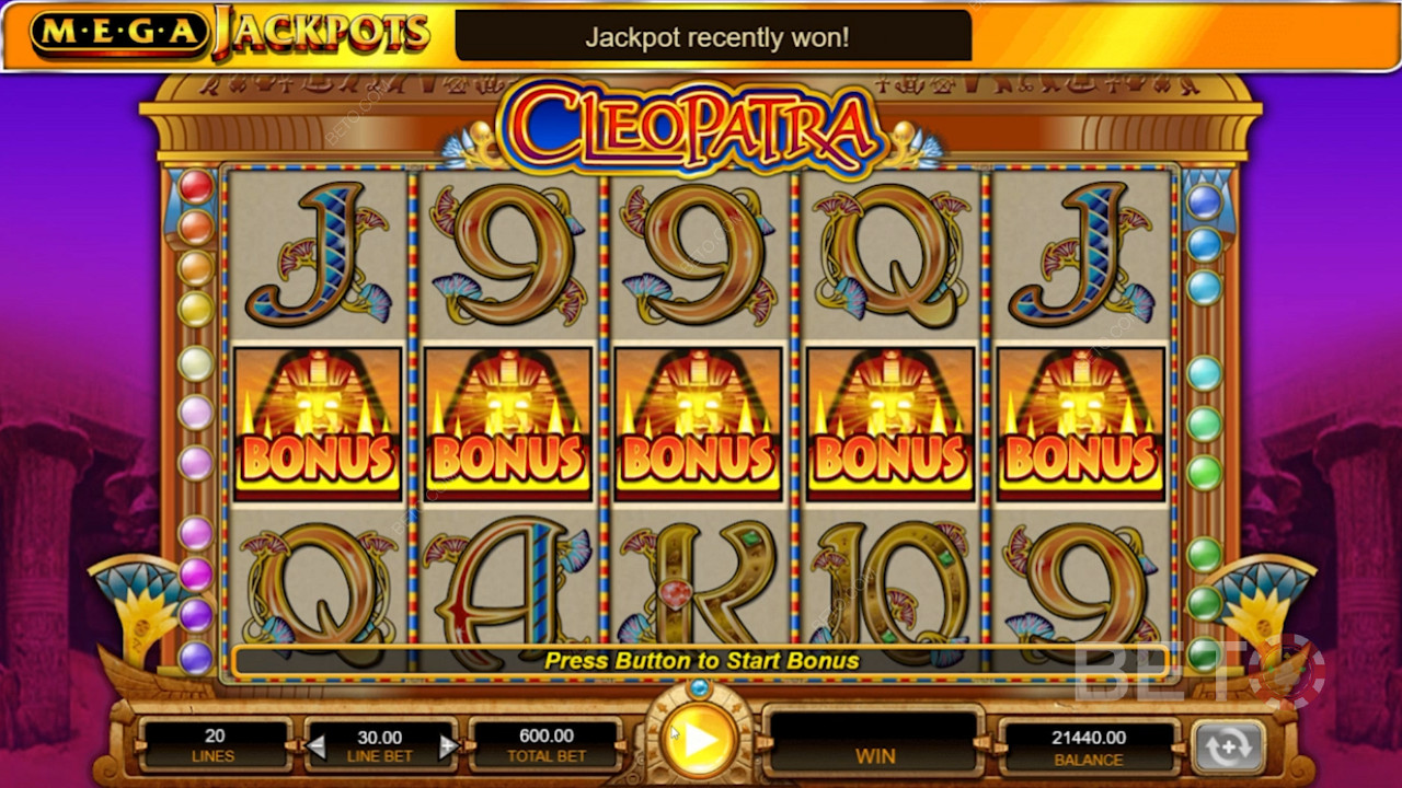 MegaJackpots Cleopatra Apresenta um slot de 5 bobinas 20 linhas de pagamento