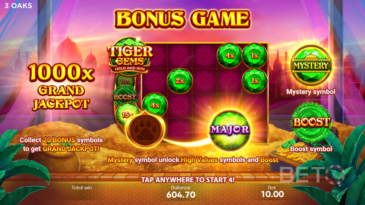 Funcionalidades de bónus explicadas em Tiger Gems da 3 Oaks Gaming
