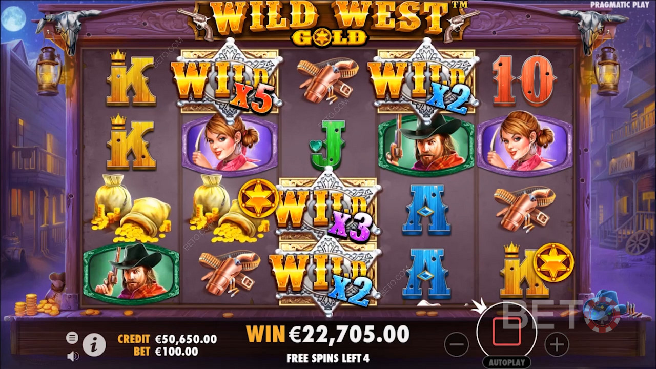 Os símbolos Wild na slot Wild West Gold vêm com Multiplicadores