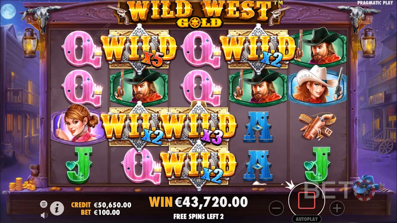 Símbolos coloridos na slot Wild West Gold de Pragmatic Play