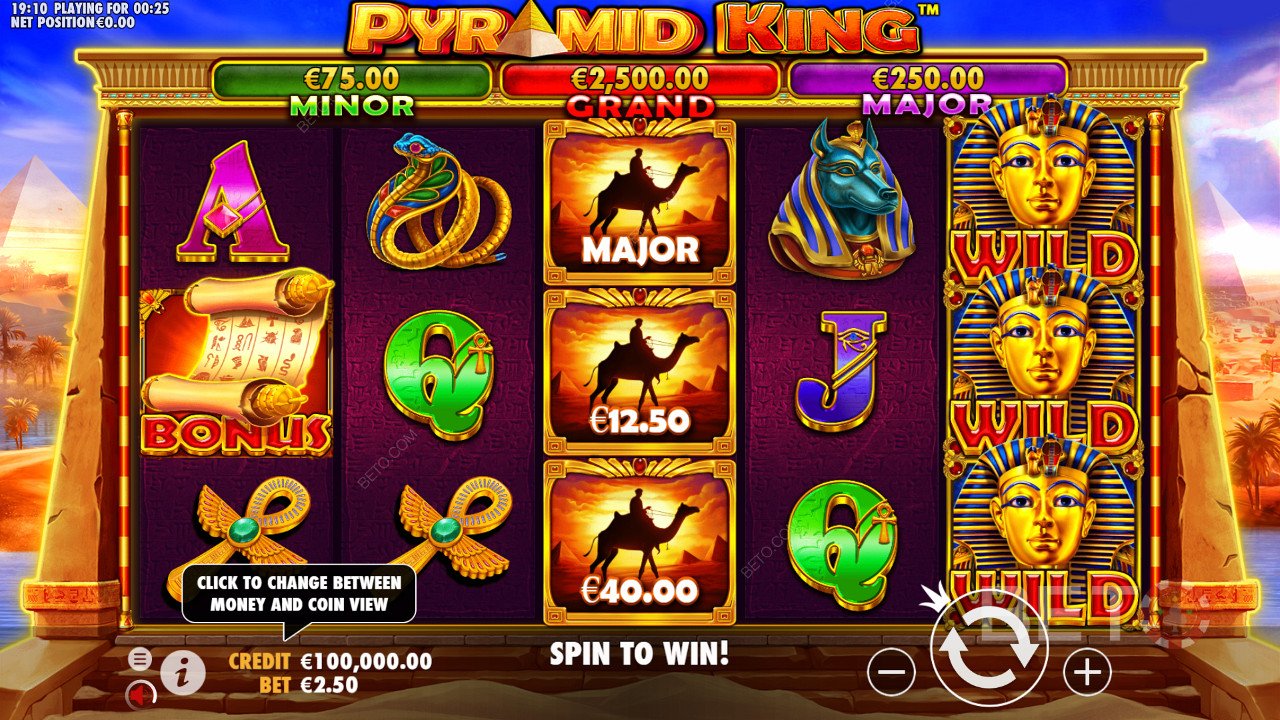 Aproveite a glória dos faraós egípcios e ganhe prémios em dinheiro na slot Pyramid King