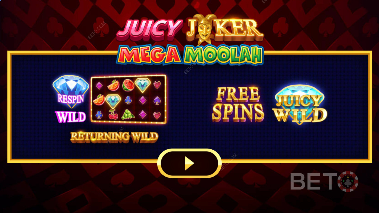 Ecrã de introdução do Juicy Joker Mega Moolah explicando os diferentes Boosters