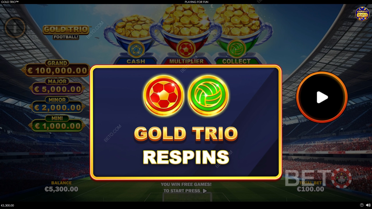 Funcionalidades de bónus explicadas em Gold Trio: Futebol! por Playtech