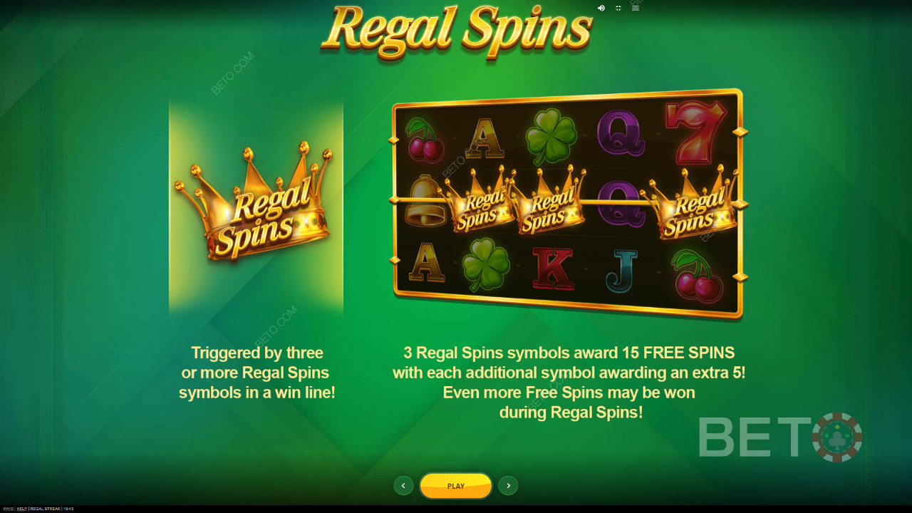 Ecrã de introdução de Regal Streak mostrando informações sobre os símbolos especiais