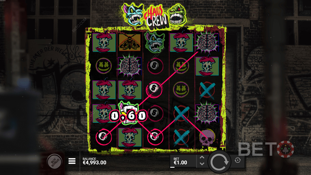 Aterrar entre 3-5 símbolos idênticos para ganhar na slot Chaos Crew