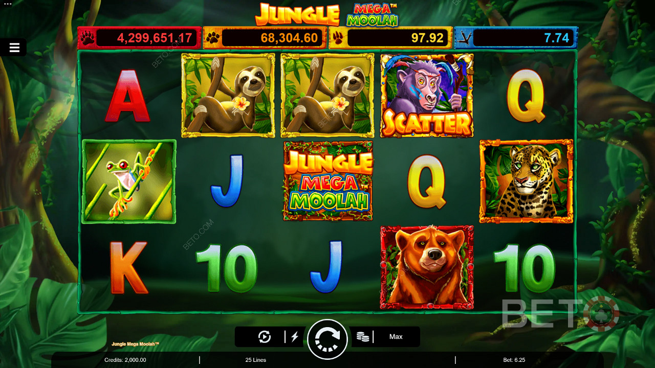 Desfrute de Multiplier Wilds, Free Spins, e quatro Jackpots Progressivos em Jungle Mega Moolah slot