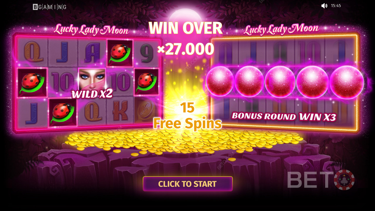 Continuar a jogar para ganhar prémios, no valor de até 27.000x as apostas na slot Lucky Lady Moon