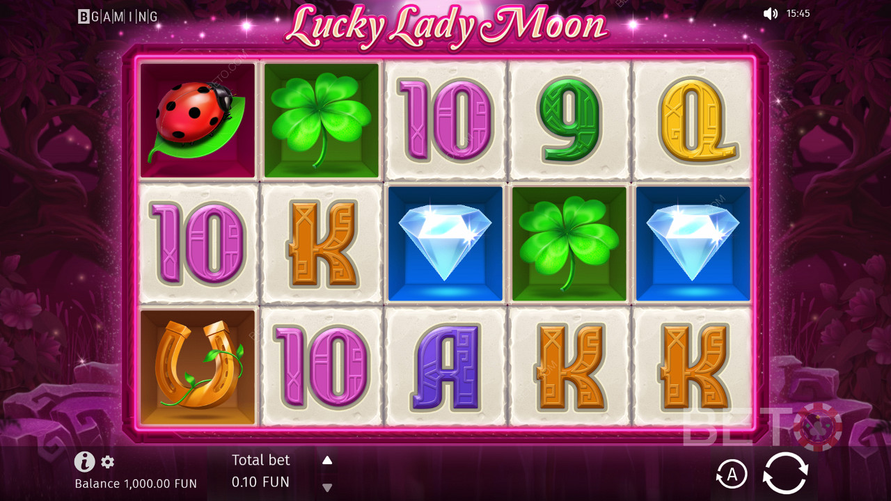 Baseado num tema de fantasia, o slot Lucky Lady Moon utilizou 10 linhas de pagamento fixas numa grelha 5x3