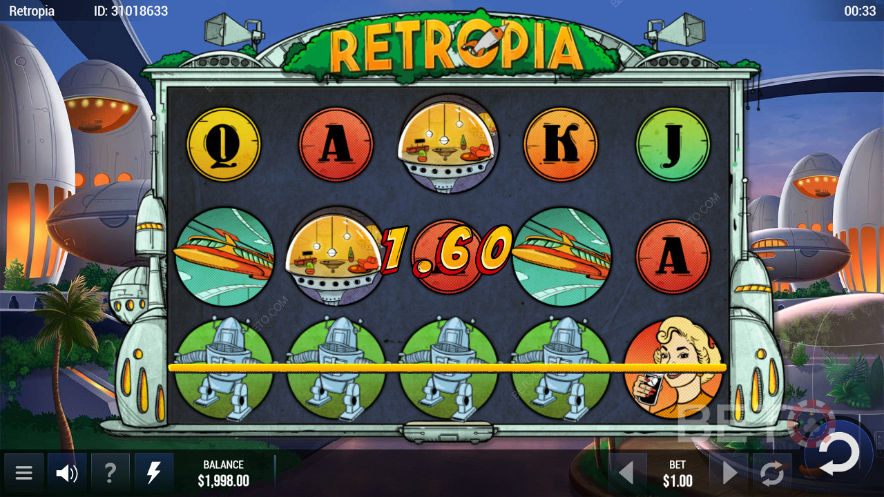 Tirar partido de 25 linhas de pagamento e aterrar facilmente vitórias na slot machine Retropia