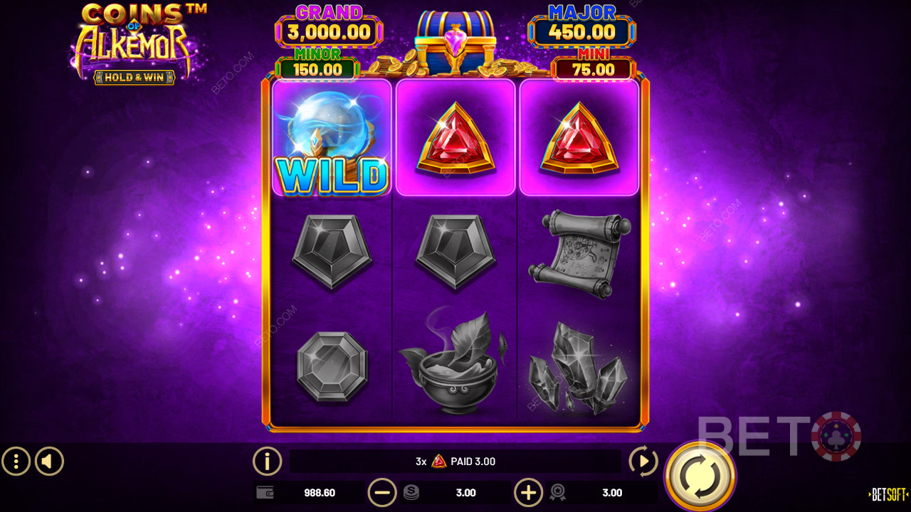 Funcionalidades de bónus explicadas em Coins of Alkemor - Hold & Win por Betsoft