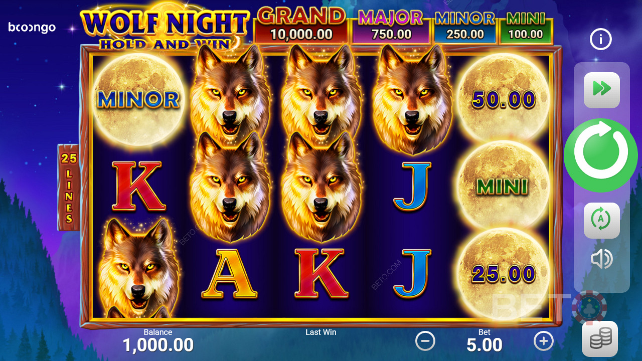 Ranhura Wolf Night com ronda de bónus, jackpots, e rotações livres desenvolvidas pela Booongo