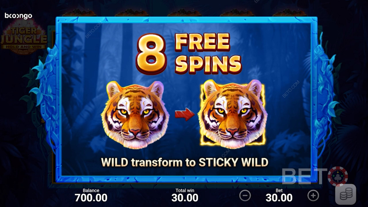 São-lhe dadas 8 Free Spins e todos os selvagens tornam-se Sticky Wilds durante a ronda Free Spins